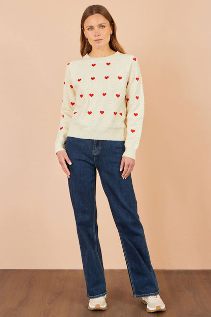 Yumi Women's Ivory Heart Motif Pointelle Knit Jumper