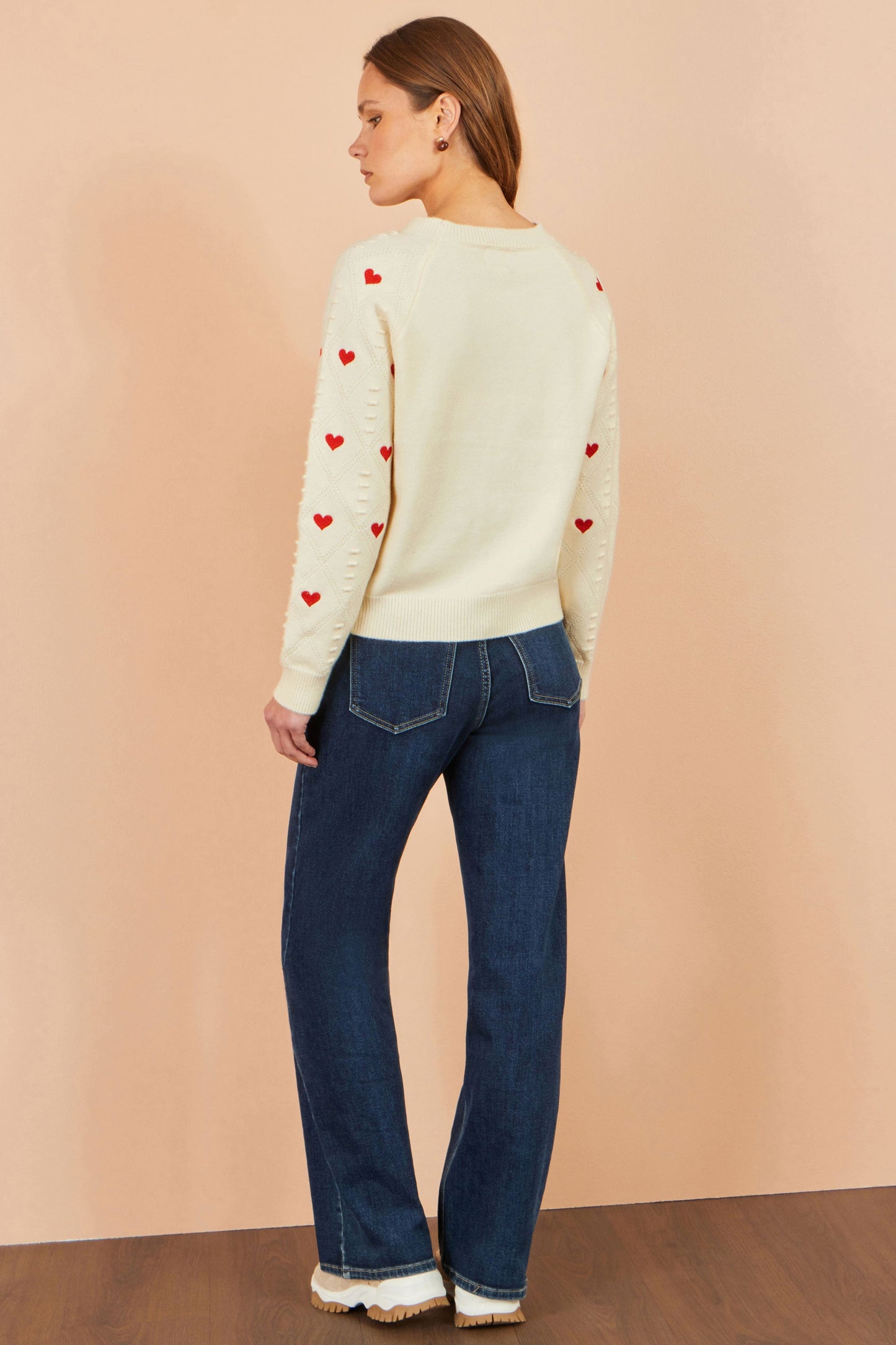 Yumi Women's Ivory Heart Motif Pointelle Knit Jumper