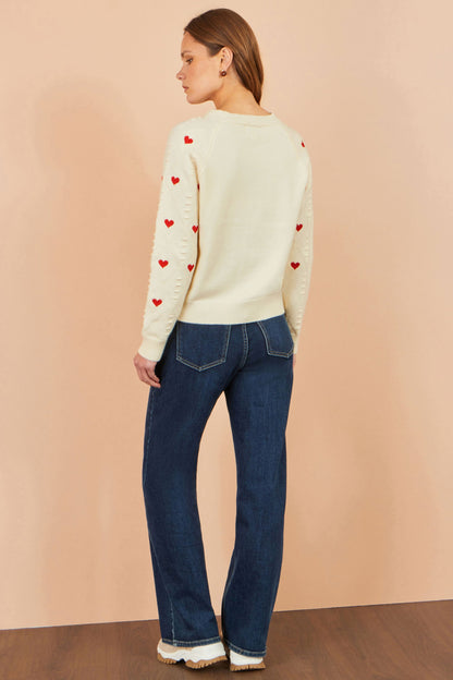 Yumi Women's Ivory Heart Motif Pointelle Knit Jumper