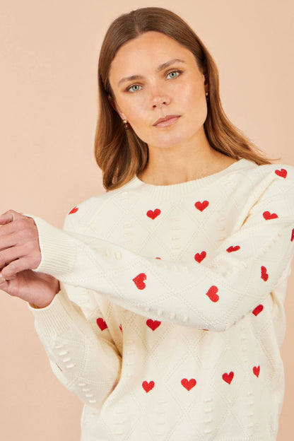 Yumi Women's Ivory Heart Motif Pointelle Knit Jumper