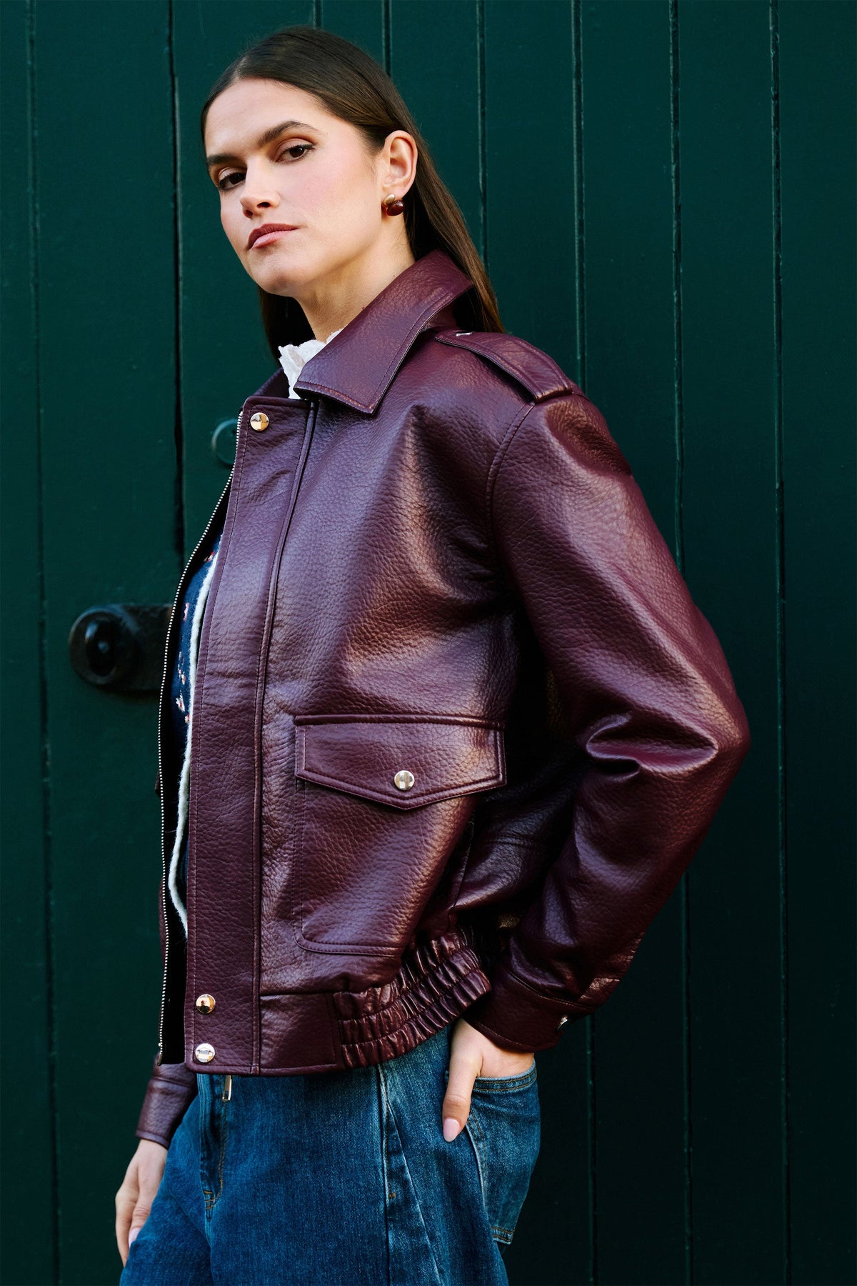 Yumi Womens Burgundy Faux Leather Bomber Jacket with Collar and Pockets