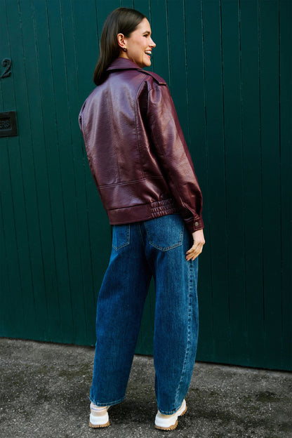 Yumi Womens Burgundy Faux Leather Bomber Jacket with Collar and Pockets