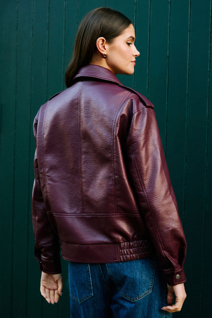 Yumi Womens Burgundy Faux Leather Bomber Jacket with Collar and Pockets