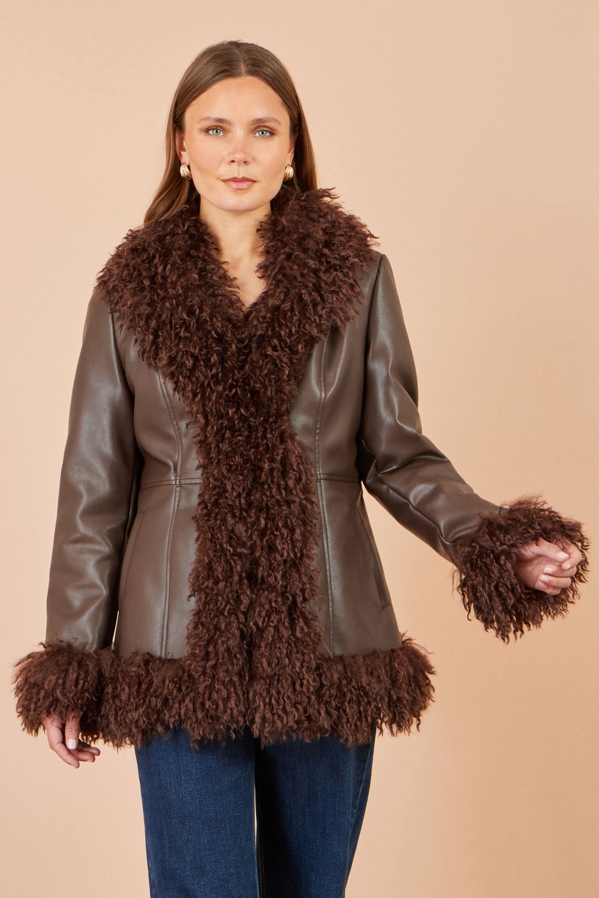 Yumi Women’s Brown Faux Leather Coat with Curly Faux Fur Collar and Trim