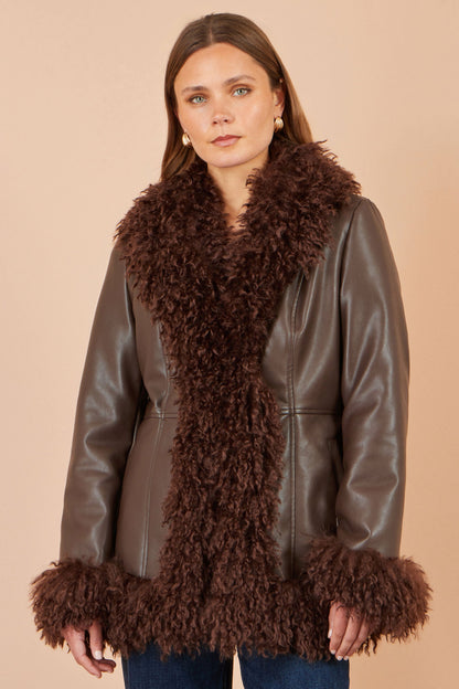 Yumi Women’s Brown Faux Leather Coat with Curly Faux Fur Collar and Trim