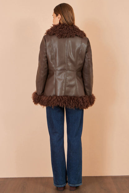 Yumi Women’s Brown Faux Leather Coat with Curly Faux Fur Collar and Trim