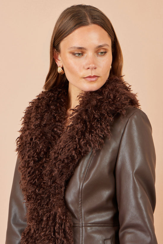 Yumi Women’s Brown Faux Leather Coat with Curly Faux Fur Collar and Trim