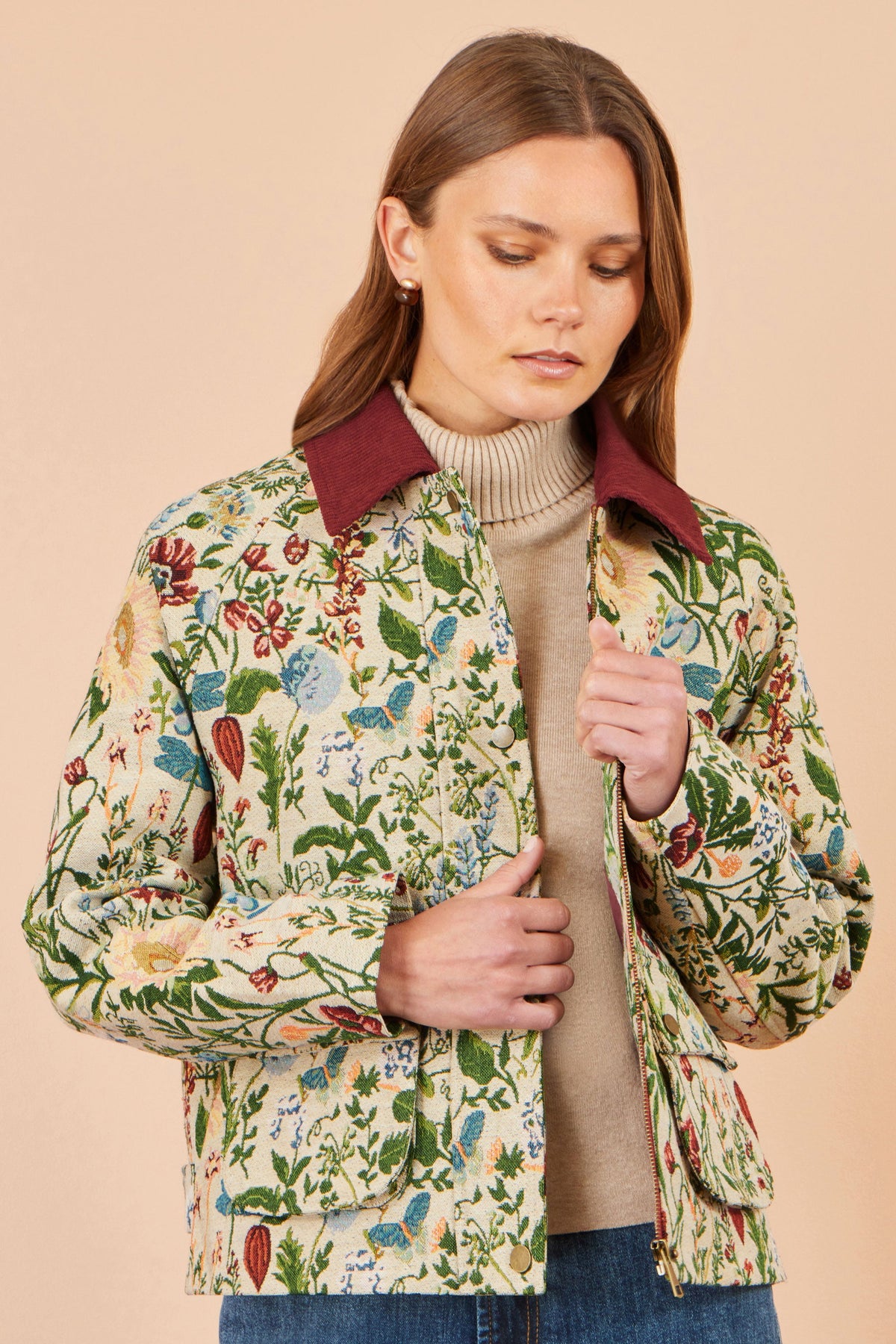 Yumi Women's Ivory Botanical Woven Bomber Jacket with Contrast Cord Collar