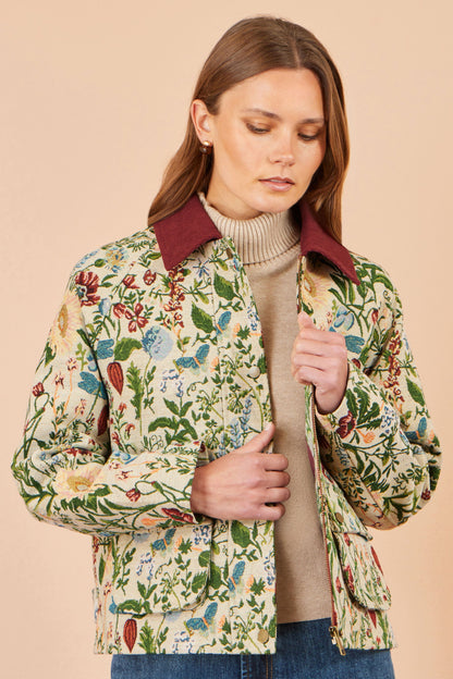 Yumi Women's Ivory Botanical Woven Bomber Jacket with Contrast Cord Collar