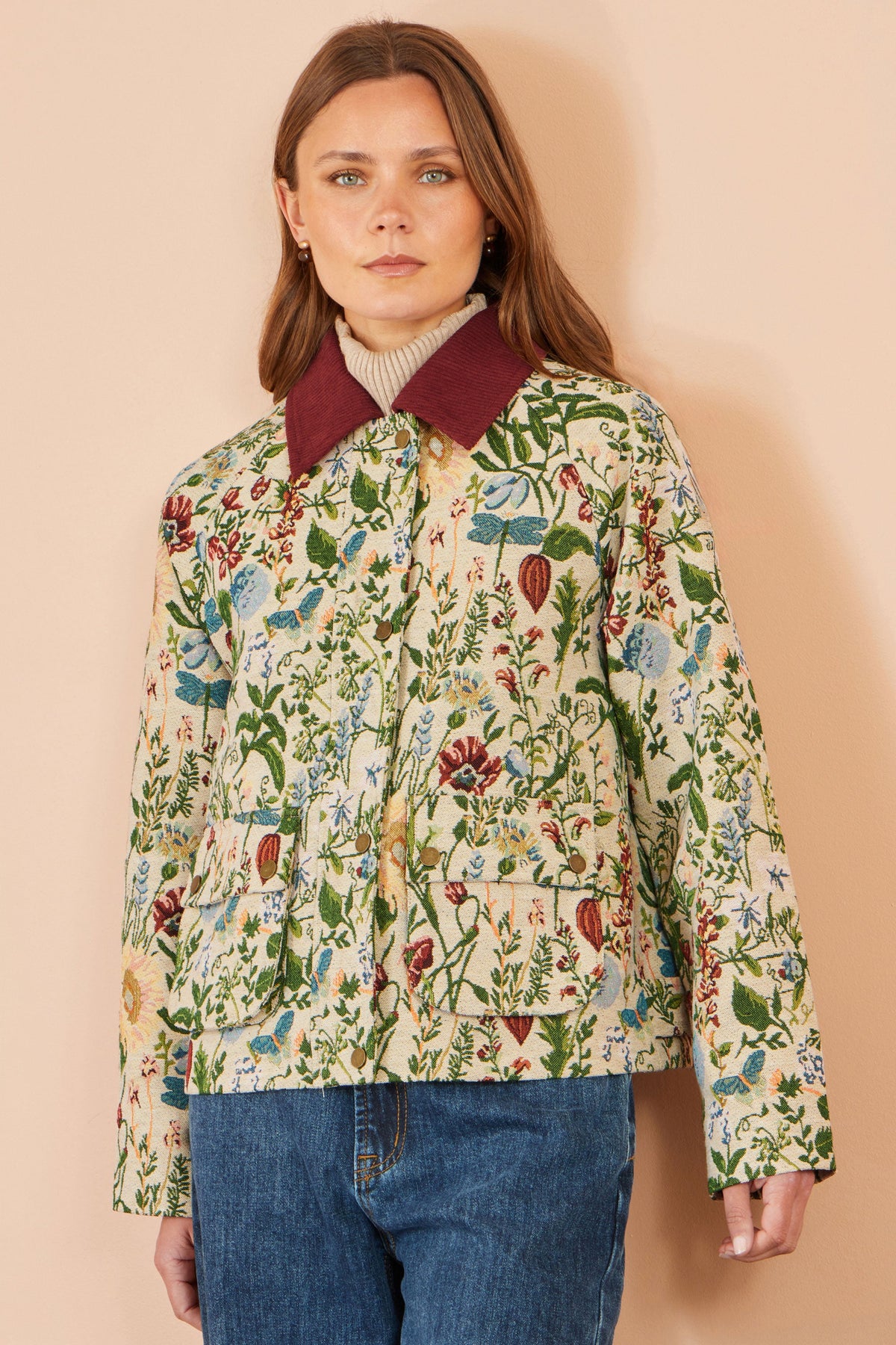 Yumi Women's Ivory Botanical Woven Bomber Jacket with Contrast Cord Collar