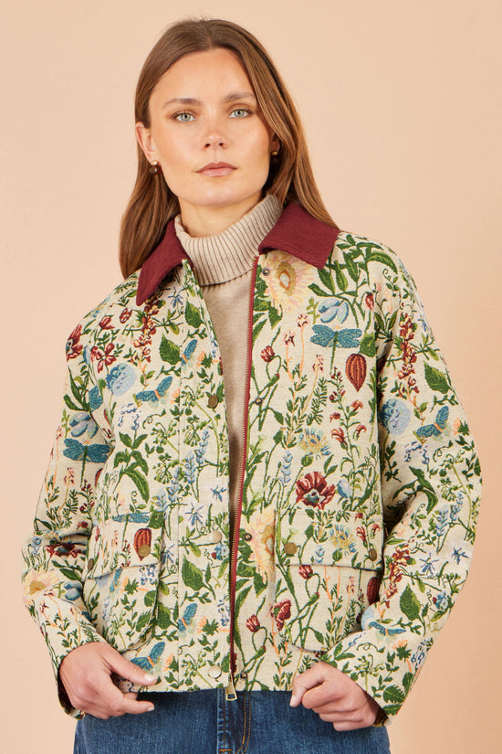 Yumi Women's Ivory Botanical Woven Bomber Jacket with Contrast Cord Collar