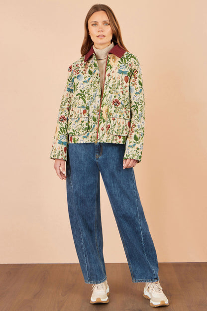 Yumi Women's Ivory Botanical Woven Bomber Jacket with Contrast Cord Collar