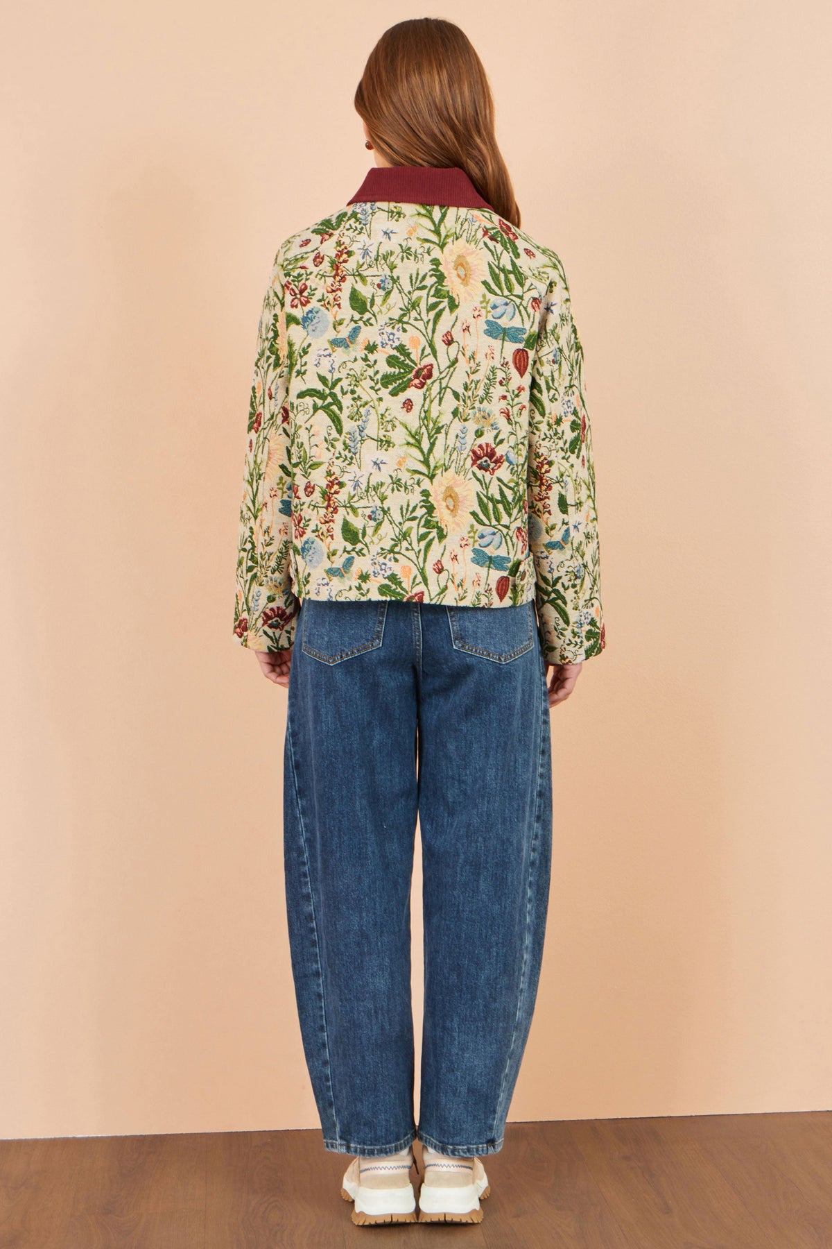 Yumi Women's Ivory Botanical Woven Bomber Jacket with Contrast Cord Collar