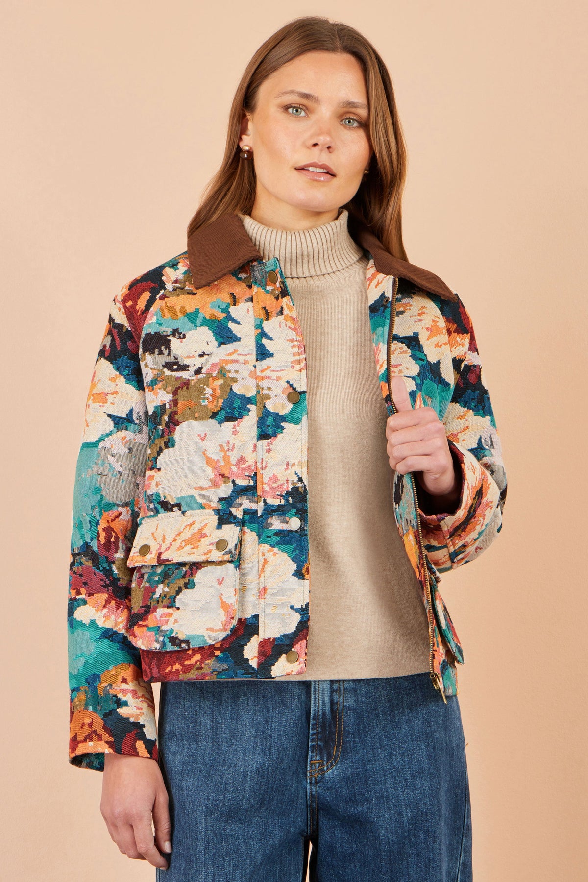Yumi Women's Multicolour Floral Woven Bomber Jacket with Patch Pockets
