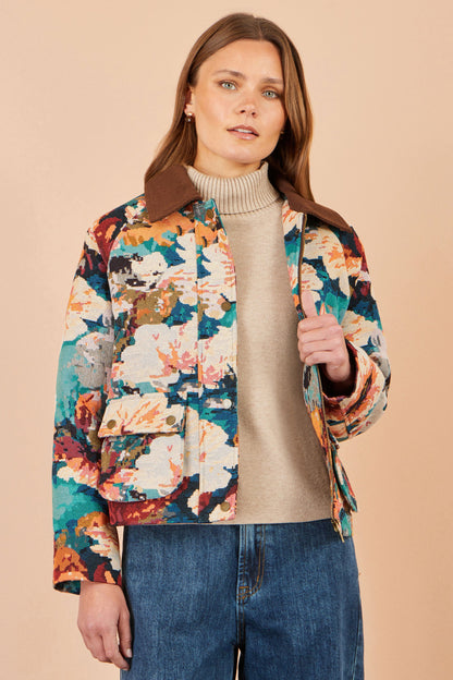 Yumi Women's Multicolour Floral Woven Bomber Jacket with Patch Pockets