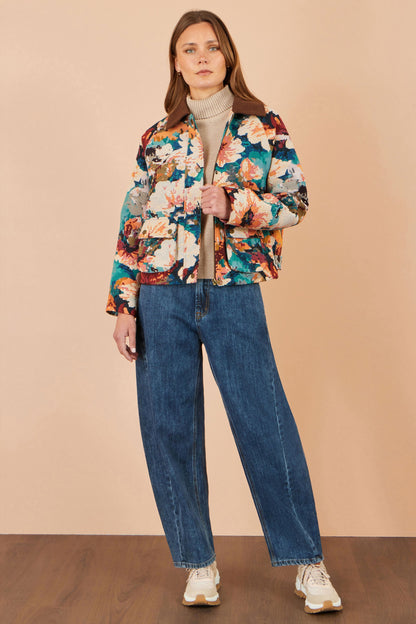 Yumi Women's Multicolour Floral Woven Bomber Jacket with Patch Pockets