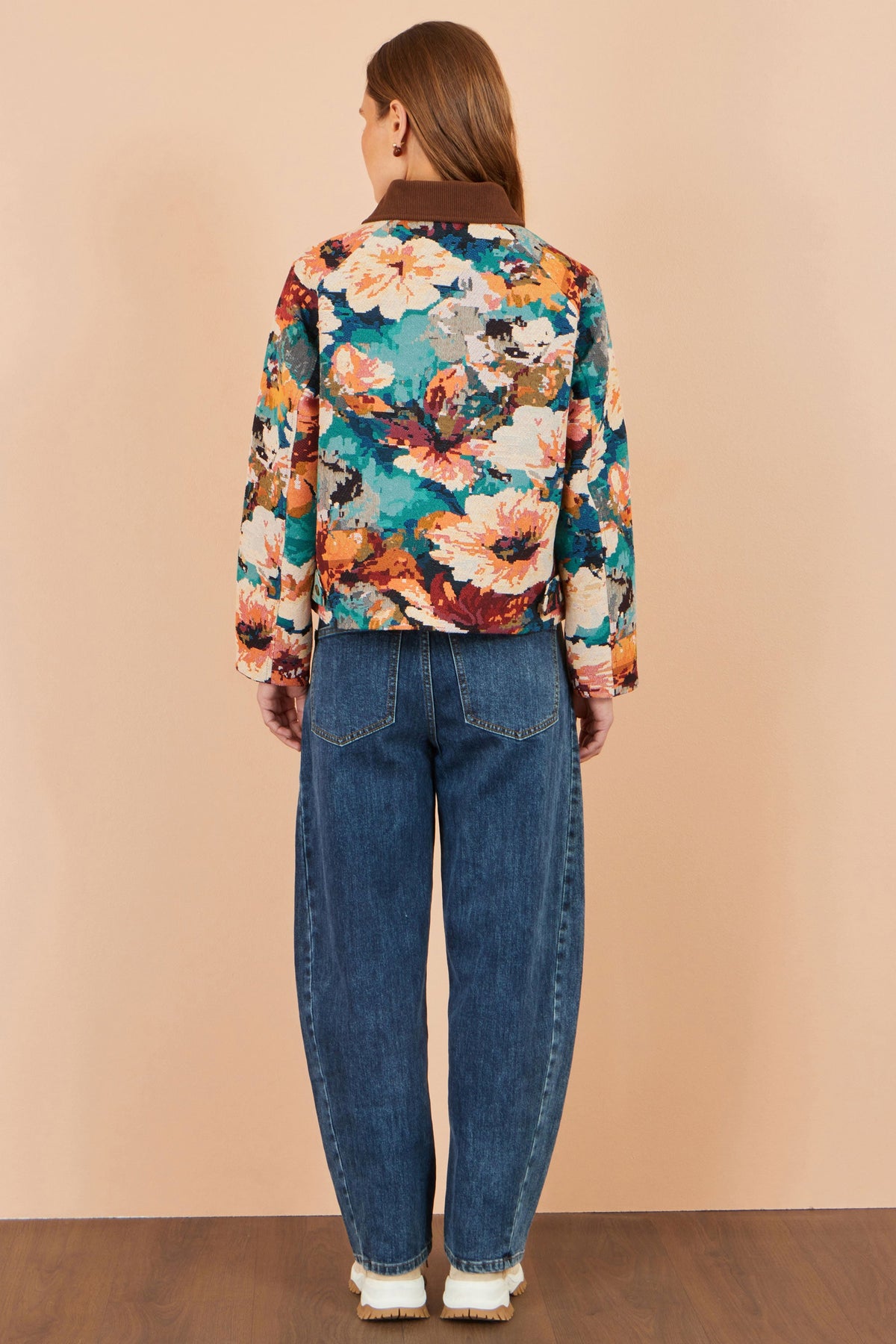 Yumi Women's Multicolour Floral Woven Bomber Jacket with Patch Pockets