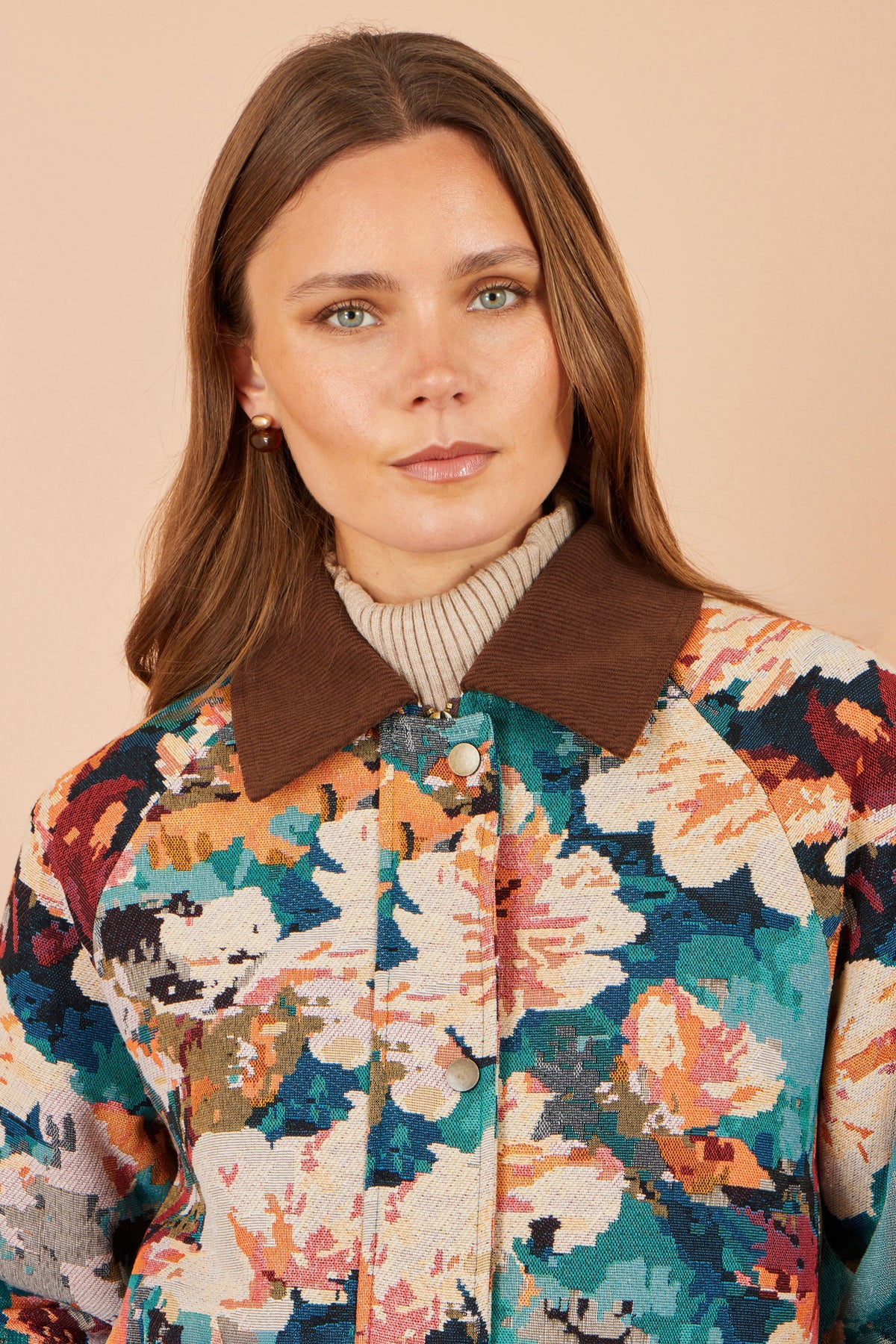 Yumi Women's Multicolour Floral Woven Bomber Jacket with Patch Pockets