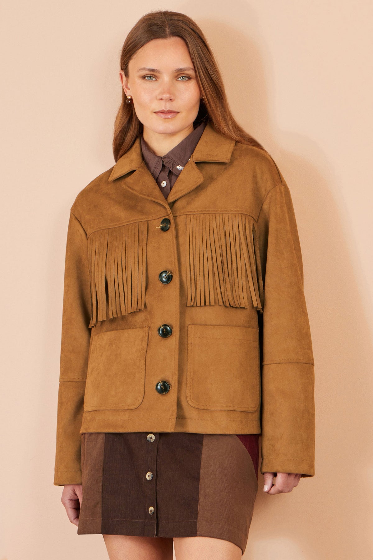 Yumi Women’s Brown Faux Suede Fringe Jacket with Patch Pockets and Buttons