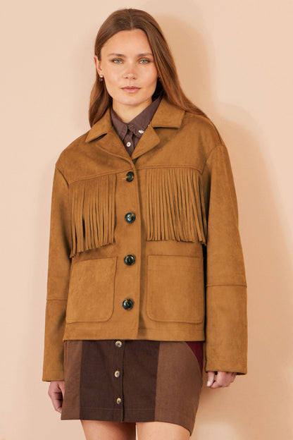 Yumi Women’s Brown Faux Suede Fringe Jacket with Patch Pockets and Buttons