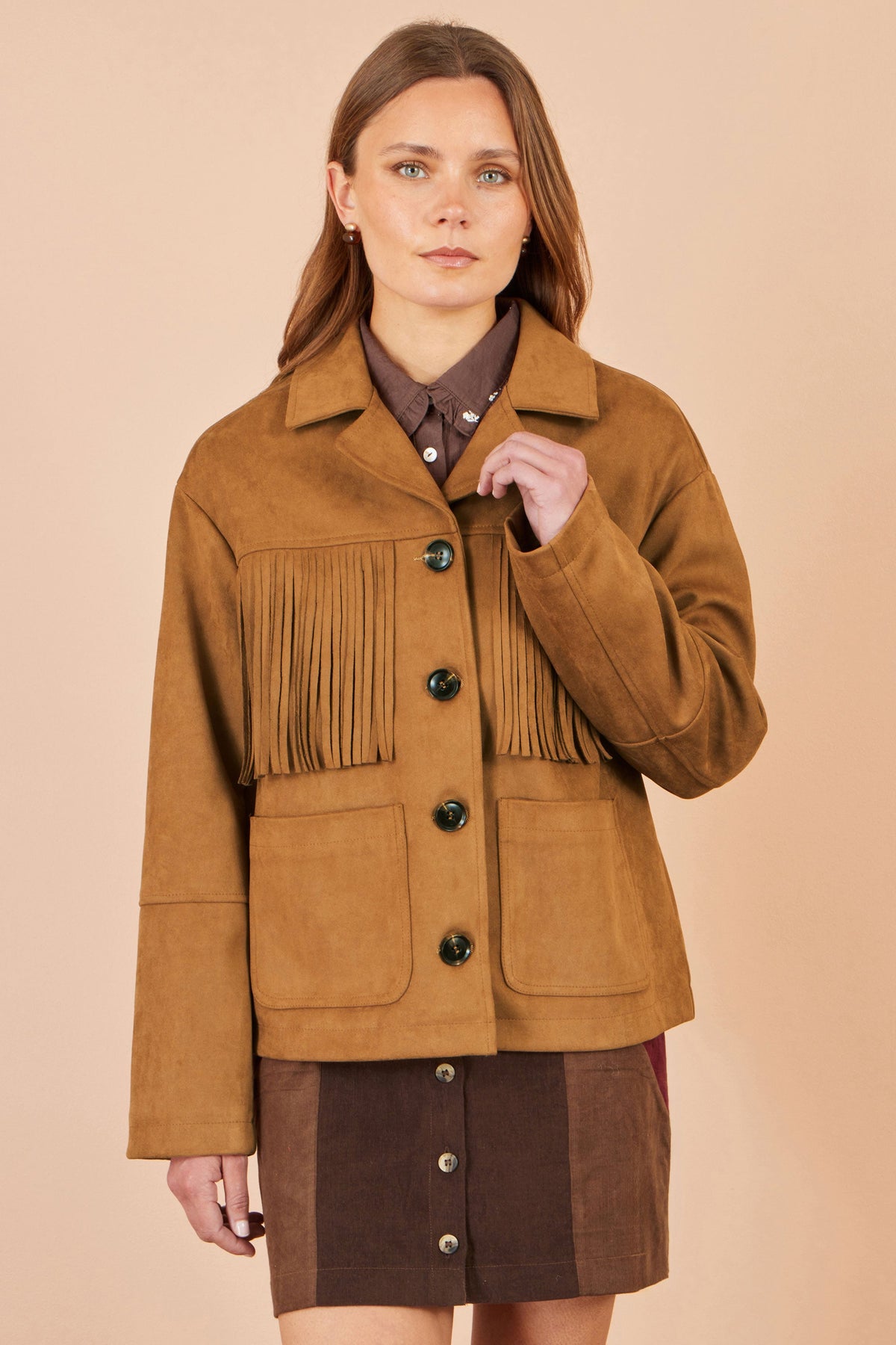 Yumi Women’s Brown Faux Suede Fringe Jacket with Patch Pockets and Buttons