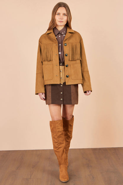 Yumi Women’s Brown Faux Suede Fringe Jacket with Patch Pockets and Buttons