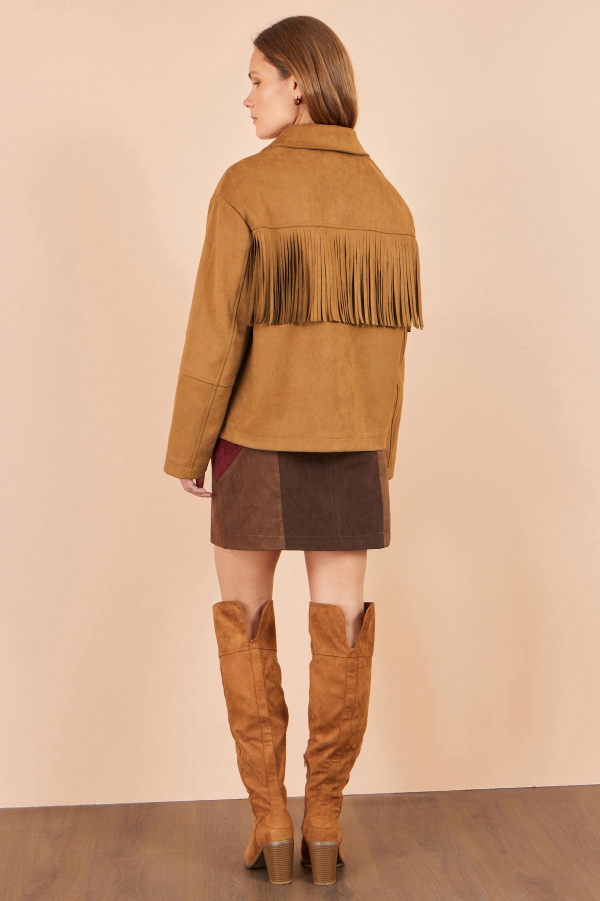 Yumi Women’s Brown Faux Suede Fringe Jacket with Patch Pockets and Buttons
