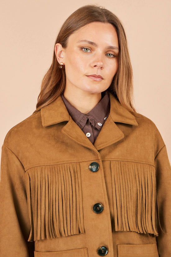 Yumi Women’s Brown Faux Suede Fringe Jacket with Patch Pockets and Buttons