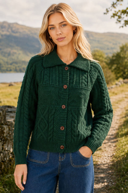Yumi Women's Green Cable Knit Boxy Cardigan Jacket with Collar and Buttons