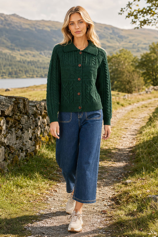 Yumi Women's Green Cable Knit Boxy Cardigan Jacket with Collar and Buttons