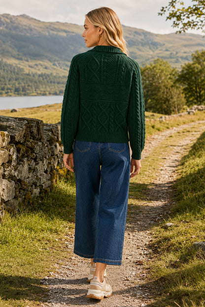 Yumi Women's Green Cable Knit Boxy Cardigan Jacket with Collar and Buttons