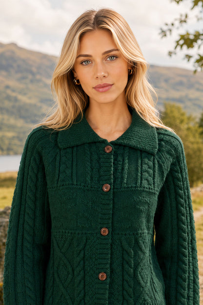 Yumi Women's Green Cable Knit Boxy Cardigan Jacket with Collar and Buttons