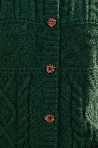 Yumi Women's Green Cable Knit Boxy Cardigan Jacket with Collar and Buttons