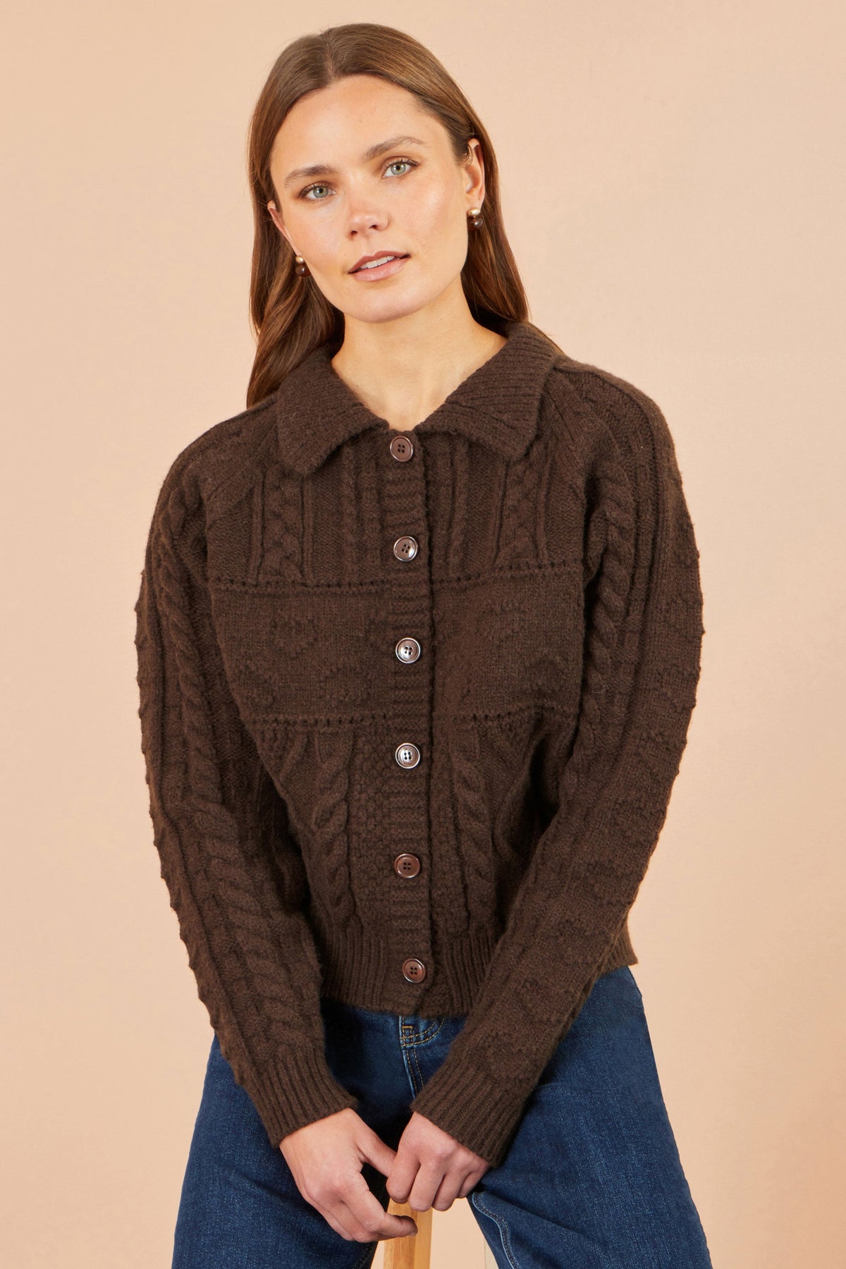 Yumi Women’s Brown Cable Knit Boxy Cardigan Jacket