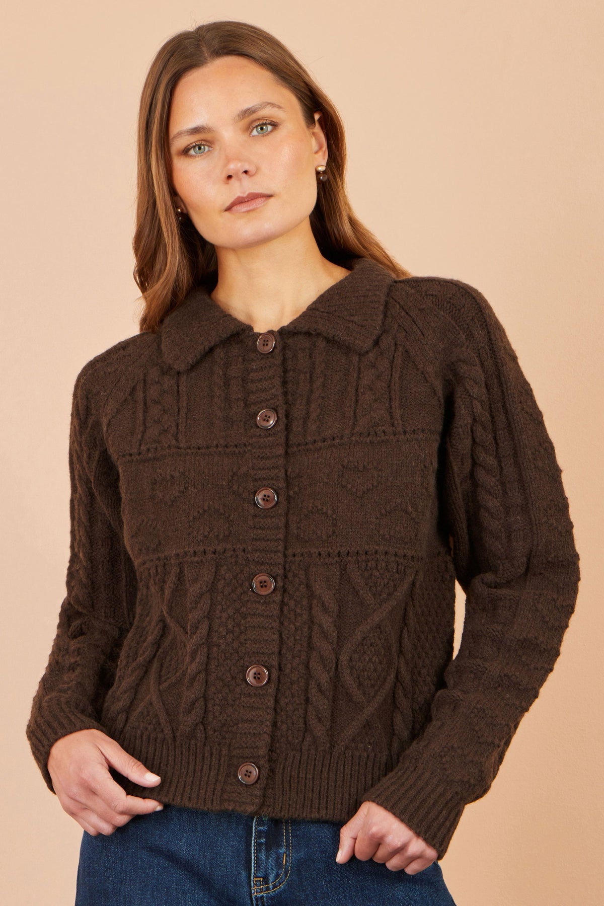 Yumi Women’s Brown Cable Knit Boxy Cardigan Jacket