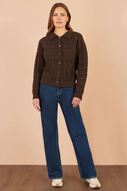 Yumi Women’s Brown Cable Knit Boxy Cardigan Jacket