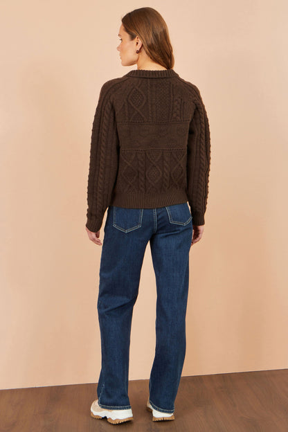 Yumi Women’s Brown Cable Knit Boxy Cardigan Jacket