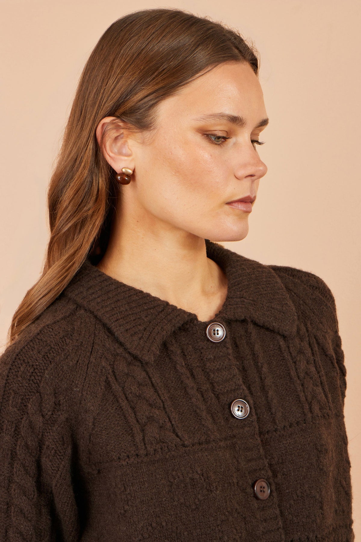 Yumi Women’s Brown Cable Knit Boxy Cardigan Jacket