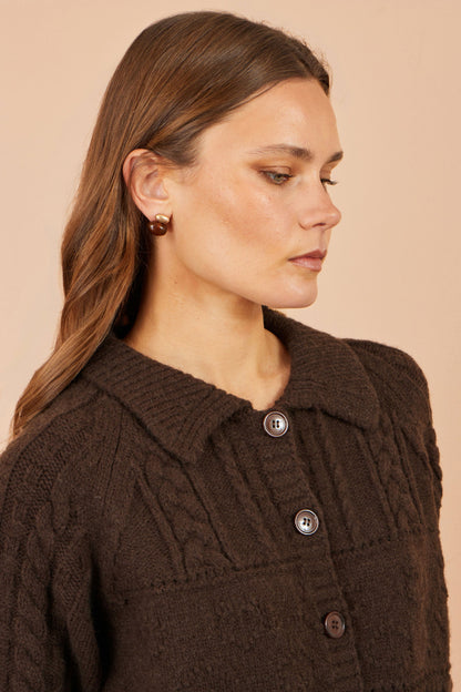 Yumi Women’s Brown Cable Knit Boxy Cardigan Jacket