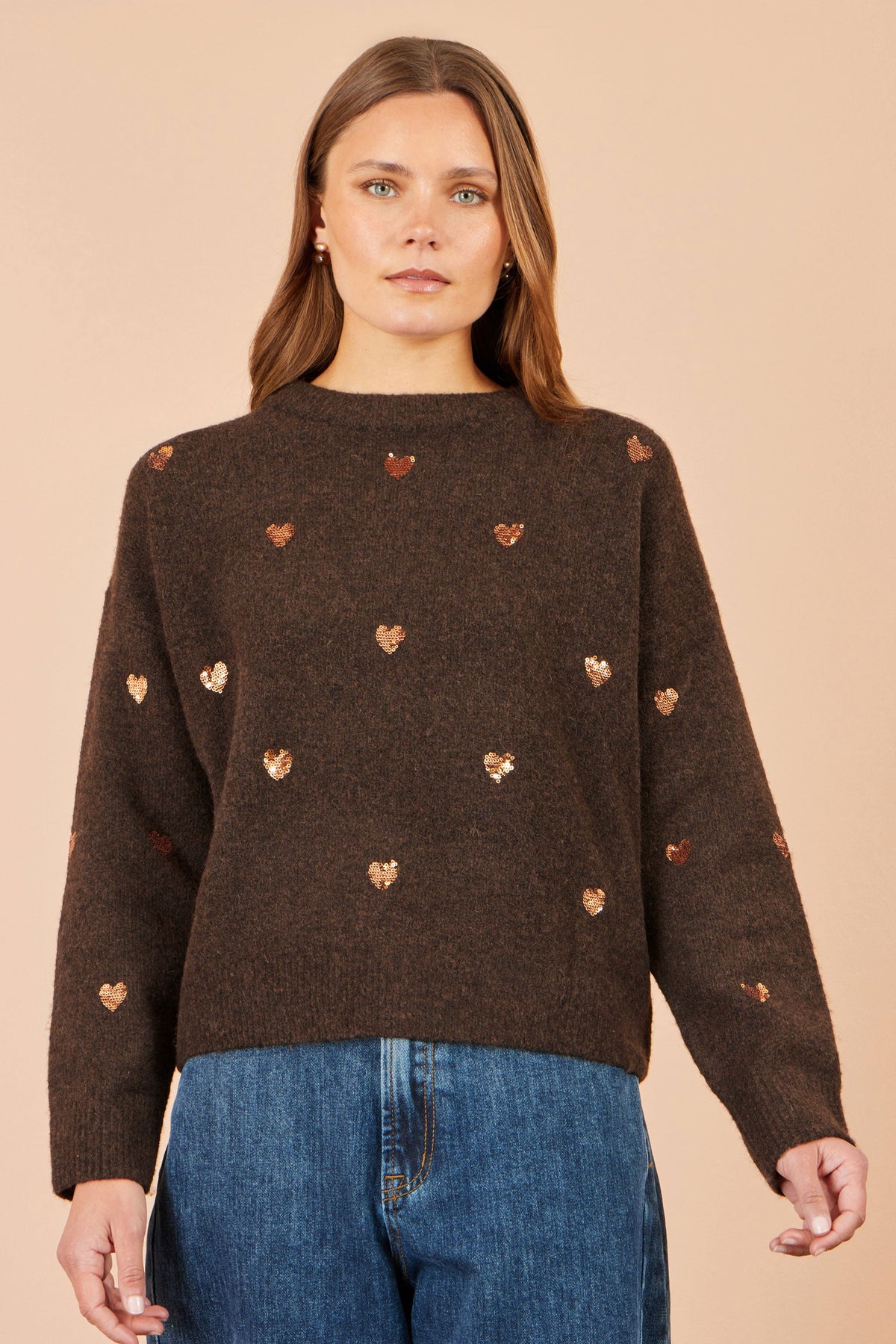 Yumi Women’s Brown Sequin Heart Relaxed Fit Long Sleeve Round Neck Jumper