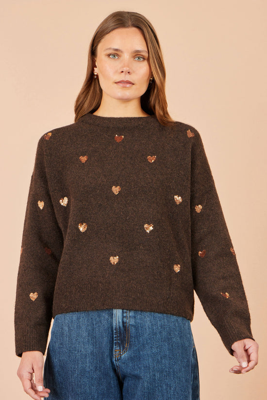 Yumi Women’s Brown Sequin Heart Relaxed Fit Long Sleeve Round Neck Jumper