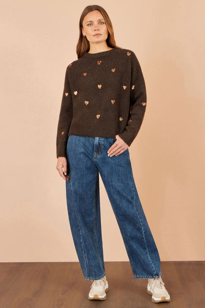 Yumi Women’s Brown Sequin Heart Relaxed Fit Long Sleeve Round Neck Jumper