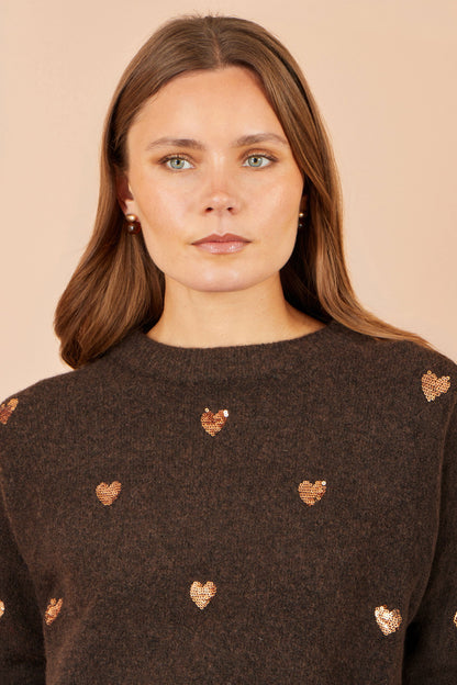 Yumi Women’s Brown Sequin Heart Relaxed Fit Long Sleeve Round Neck Jumper