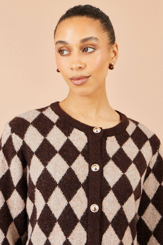 Yumi Women's Brown Argyll Knit Button-Through Crew Neck Cardigan