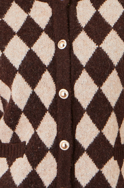 Yumi Women's Brown Argyll Knit Button-Through Crew Neck Cardigan