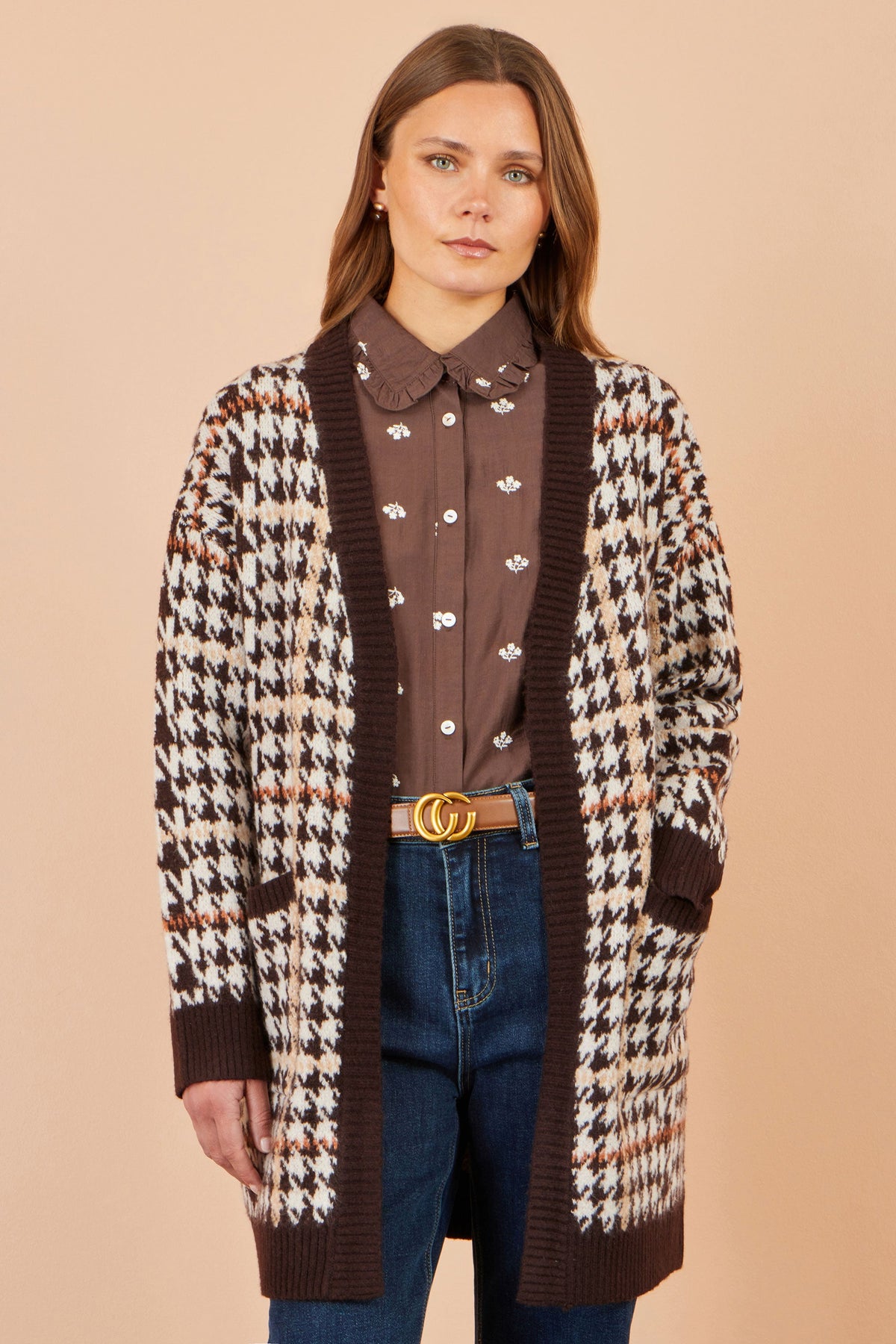 Yumi Women's Brown Check Longline Open Front Cardigan with Patch Pockets
