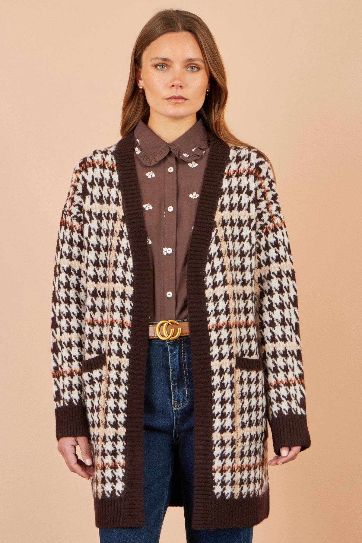 Yumi Women's Brown Check Longline Open Front Cardigan with Patch Pockets