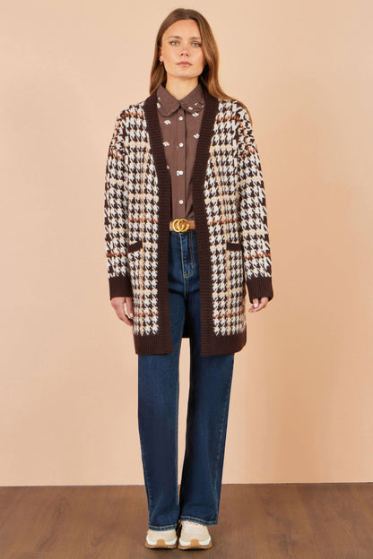Yumi Women's Brown Check Longline Open Front Cardigan with Patch Pockets
