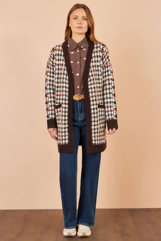Yumi Women's Brown Check Longline Open Front Cardigan with Patch Pockets