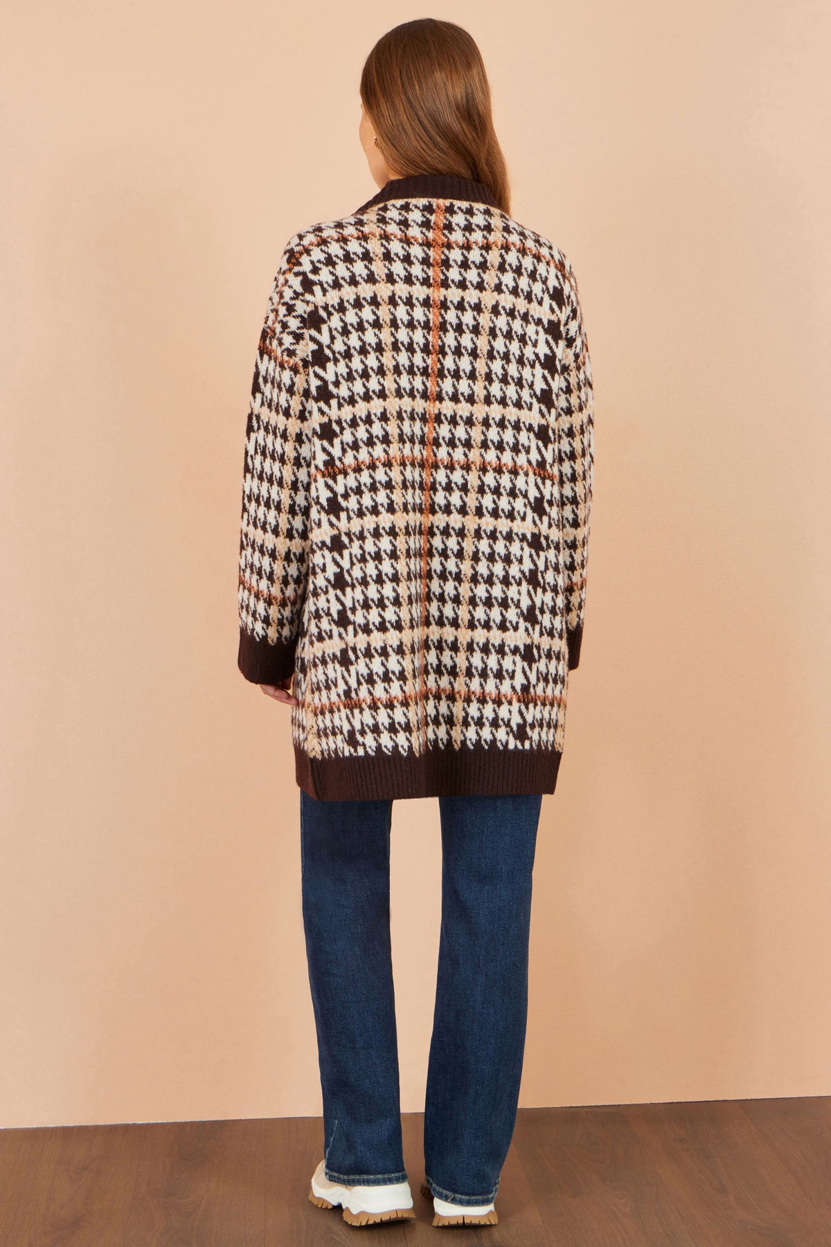 Yumi Women's Brown Check Longline Open Front Cardigan with Patch Pockets